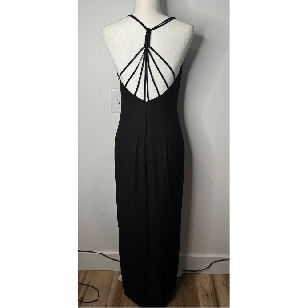 Vintage Black Multi Strap Open Back V-Neck Maxi Formal Evening Gown Slit Dress